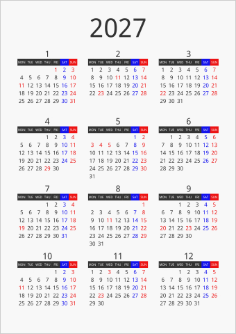 2027年 年間カレンダー フォーマル 枠なし 縦向き 月曜始まり 曜日(英語)