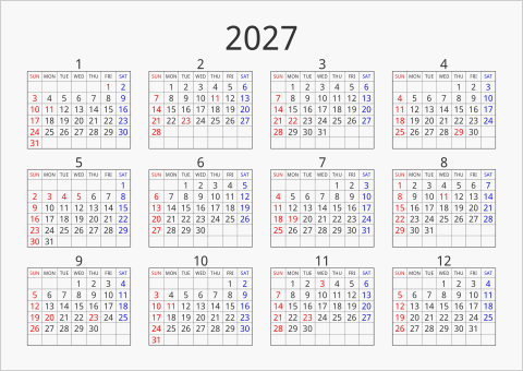2027年 年間カレンダー シンプル 枠あり 横向き 曜日(英語)