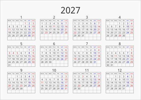 2027年 年間カレンダー シンプル 枠あり 横向き 月曜始まり 曜日(英語)