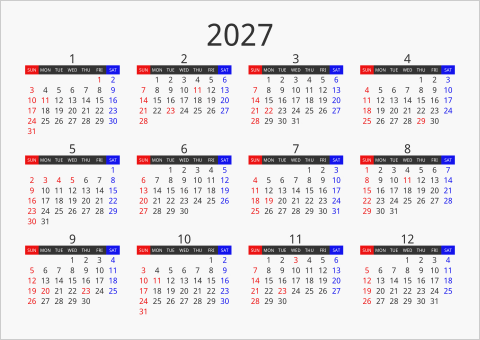 2027年 年間カレンダー フォーマル 枠なし 横向き 曜日(英語)