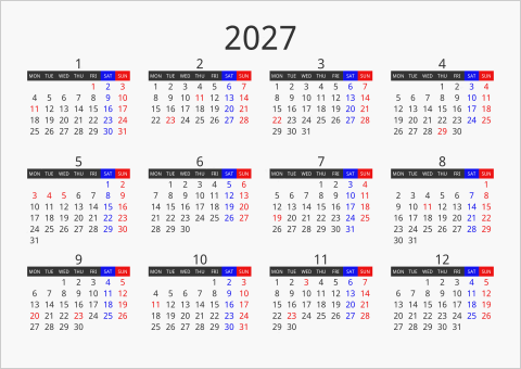 2027年 年間カレンダー フォーマル 枠なし 横向き 月曜始まり 曜日(英語)