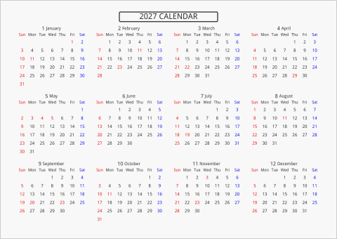 2027年 年間カレンダー 標準 枠なし 横向き 曜日(英語)