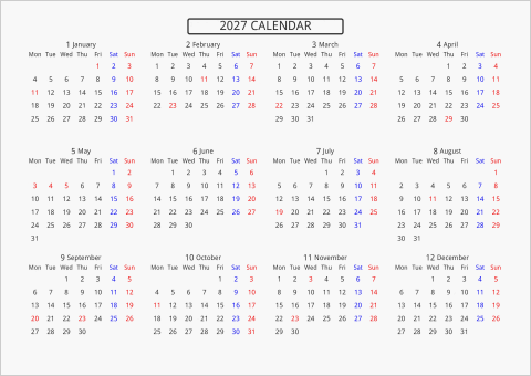 2027年 年間カレンダー 標準 枠なし 横向き 月曜始まり 曜日(英語)