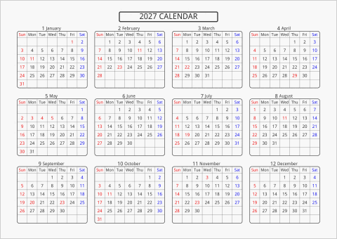 2027年 年間カレンダー 標準 角丸枠 横向き 曜日(英語)