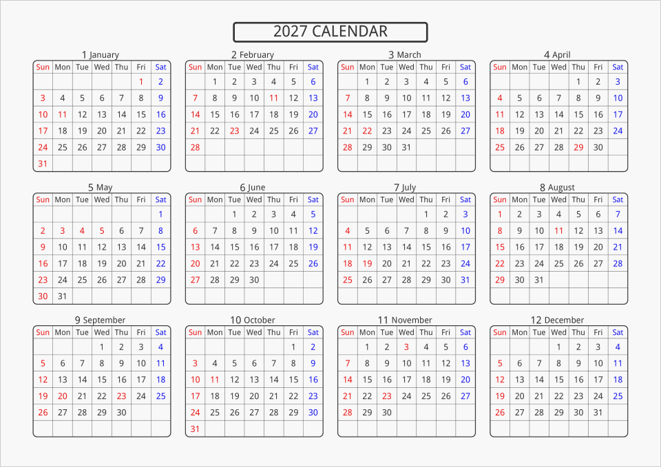 2027年 年間カレンダー 標準 角丸枠 横向き | パソコンカレンダーサイト