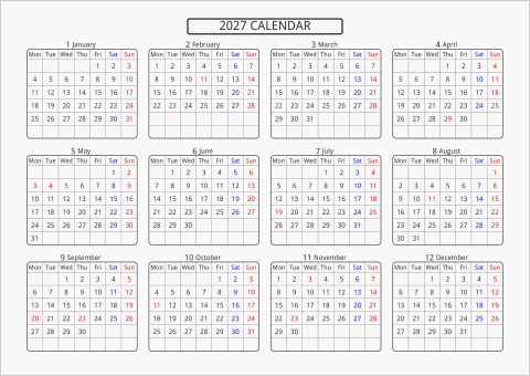 2027年 年間カレンダー 標準 角丸枠 横向き 月曜始まり 曜日(英語)