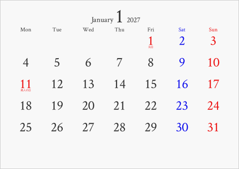 2027年 1ヶ月カレンダー 無地 月曜始まり 曜日(英語)