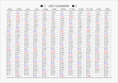 2027年 年間カレンダー 日付縦向き 4月始まり 曜日(英語)