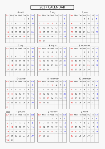 2027年 年間カレンダー 標準 枠あり 4月始まり 曜日(英語)