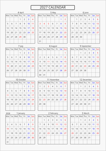 2027年 年間カレンダー 標準 枠あり 4月始まり 月曜始まり 曜日(英語)