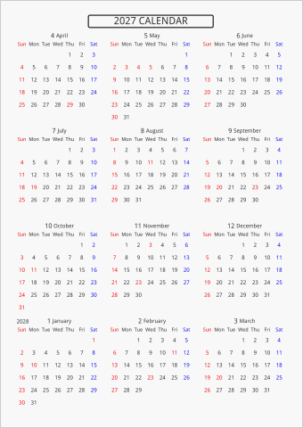 2027年 年間カレンダー 標準 枠なし 4月始まり 曜日(英語)