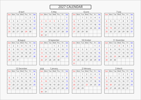2027年 年間カレンダー 標準 横向き 4月始まり 曜日(英語)