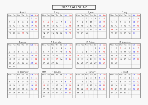 2027年 年間カレンダー 標準 横向き 4月始まり 月曜始まり 曜日(英語)