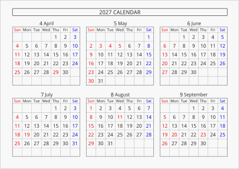 2027年 6ヶ月カレンダー 横向き 4月始まり 曜日(英語)