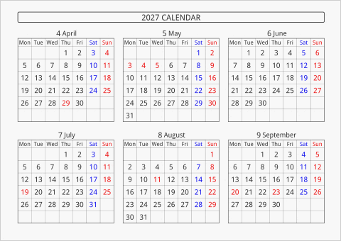 2027年 6ヶ月カレンダー 横向き 4月始まり 月曜始まり 曜日(英語)