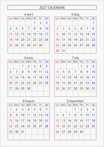 2027年 6ヶ月カレンダー 縦向き 4月始まり 曜日(英語)