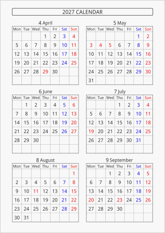 2027年 6ヶ月カレンダー 縦向き 4月始まり 月曜始まり 曜日(英語)
