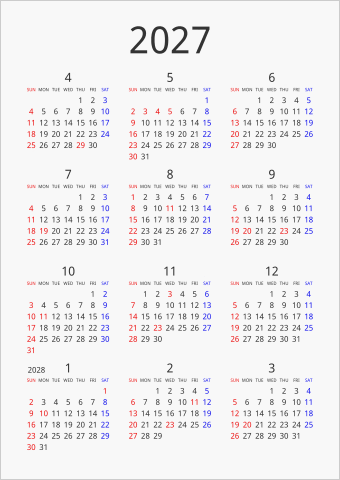 2027年 年間カレンダー シンプル 縦向き 4月始まり 曜日(英語)