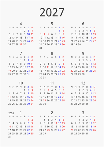 2027年 年間カレンダー シンプル 縦向き 4月始まり 月曜始まり 曜日(日本語)
