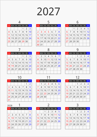 2027年 年間カレンダー フォーマル 縦向き 4月始まり 曜日(英語)