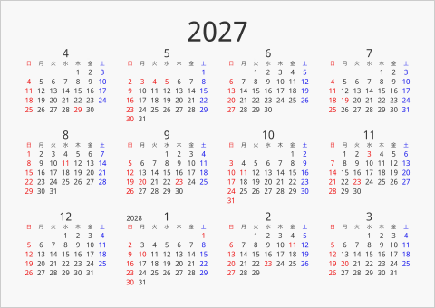 2027年 年間カレンダー シンプル 横向き 4月始まり 曜日(日本語)
