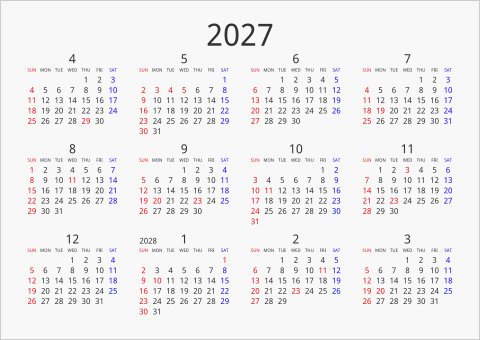 2027年 年間カレンダー シンプル 横向き 4月始まり 曜日(英語)