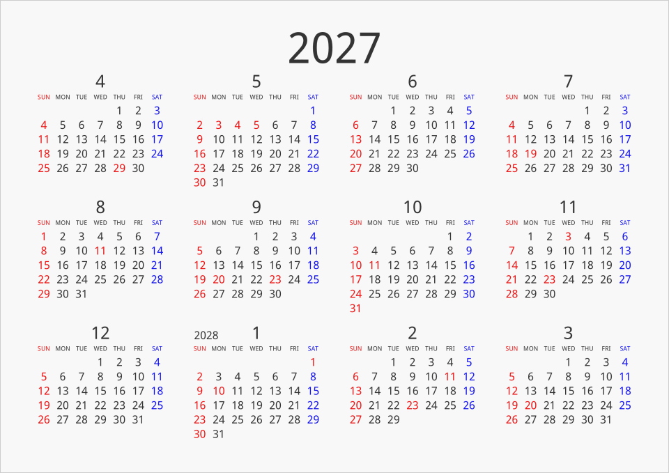2027年 年間カレンダー シンプル 横向き | パソコンカレンダーサイト