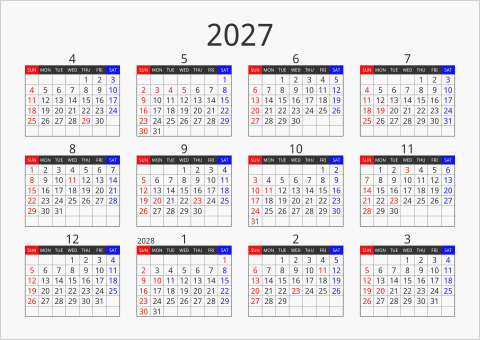 2027年 年間カレンダー フォーマル 横向き 4月始まり 曜日(英語)