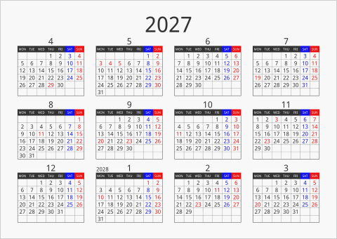 2027年 年間カレンダー フォーマル 横向き 4月始まり 月曜始まり 曜日(英語)