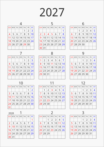 2027年 年間カレンダー シンプル 枠あり 縦向き 4月始まり 曜日(英語)
