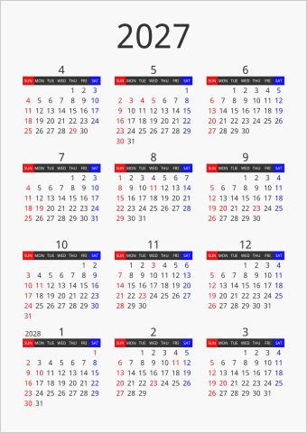 2027年 年間カレンダー フォーマル 枠なし 縦向き 4月始まり 曜日(英語)