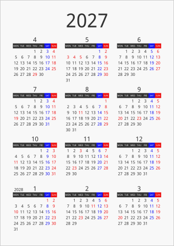 2027年 年間カレンダー フォーマル 枠なし 縦向き 4月始まり 月曜始まり 曜日(英語)