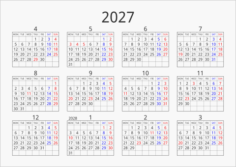 2027年 年間カレンダー シンプル 枠あり 横向き 4月始まり 月曜始まり 曜日(英語)
