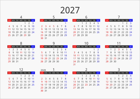 2027年 年間カレンダー フォーマル 枠なし 横向き 4月始まり 曜日(英語)