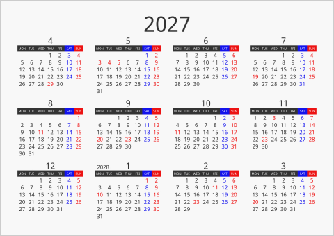 2027年 年間カレンダー フォーマル 枠なし 横向き 4月始まり 月曜始まり 曜日(英語)