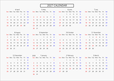 2027年 年間カレンダー 標準 枠なし 横向き 4月始まり 曜日(英語)