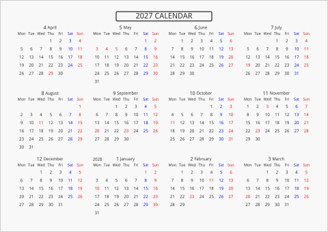 2027年 年間カレンダー 標準 枠なし 横向き 4月始まり 月曜始まり 曜日(英語)