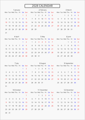 2028年 年間カレンダー 標準 枠なし 月曜始まり 曜日(英語)