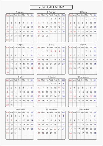 2028年 年間カレンダー 標準 角丸枠 曜日(英語)