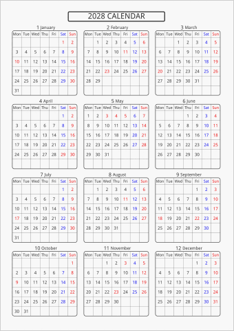 2028年 年間カレンダー 標準 角丸枠 月曜始まり 曜日(英語)