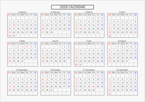 2028年 年間カレンダー 標準 横向き 曜日(英語)