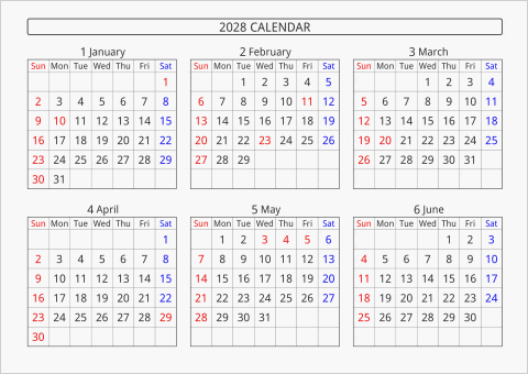 2028年 6ヶ月カレンダー 横向き 曜日(英語)