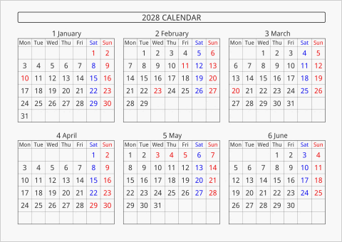 2028年 6ヶ月カレンダー 横向き 月曜始まり 曜日(英語)