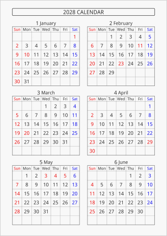 2028年 6ヶ月カレンダー 縦向き 曜日(英語)