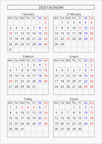2028年 6ヶ月カレンダー 縦向き 月曜始まり 曜日(英語)