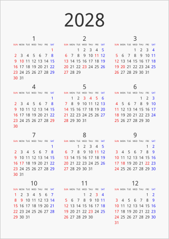 2028年 年間カレンダー シンプル 縦向き 曜日(英語)