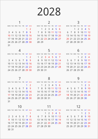 2028年 年間カレンダー シンプル 縦向き 月曜始まり 曜日(英語)