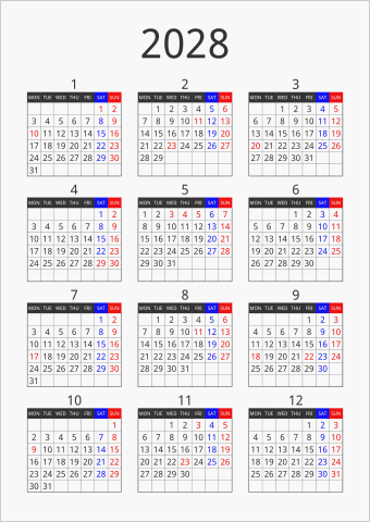 2028年 年間カレンダー フォーマル 縦向き 月曜始まり 曜日(英語)
