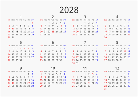 2028年 年間カレンダー シンプル 横向き 曜日(英語)