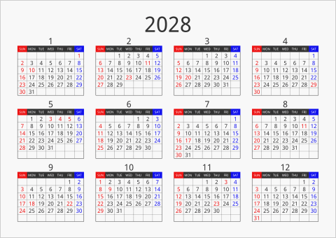 2028年 年間カレンダー フォーマル 横向き 曜日(英語)